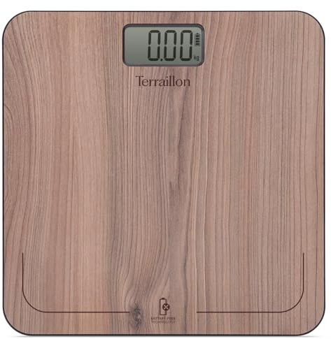TERRAILLON - POWER FREE NATURA NOYER - Pèse personne électronique sans piles ni batterie, Ecologique, Energie par Dynamo, Capacité 180 Kg, Plateau effet bois, Décor Noyer