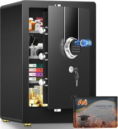 80L Large Biometric Safe with Fireproof Bag, Home Safes with Fingerprint Lock & Digital Keypad, 3 Removable Shelves and Smart Alarm, Fire Proof Safes for Home Office Hotel, 37 × 30 × 60 cm