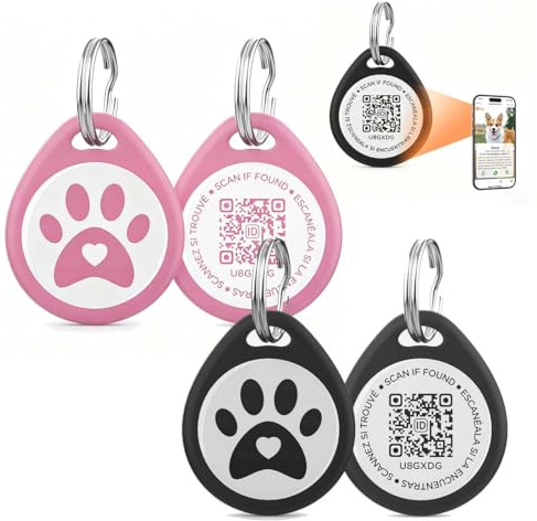 HOVKRE 2 Pezzi Targhetta Cane Con Incisione, Per Cani E Gatti Di Taglia Media E Grande,Con Codici Qr Funzione Di Localizzazione, Grandi (Nero + Rosa)