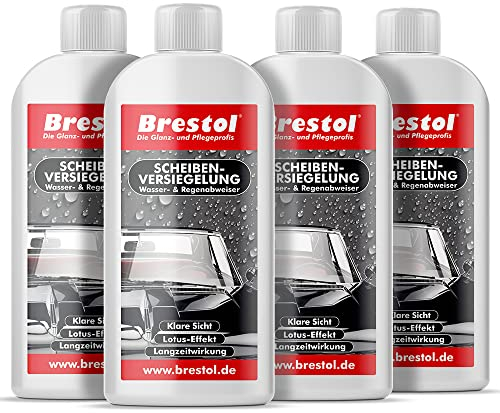 Brestol® Scheibenversiegelung 4X 250 ml - Regenabweiser Wasserabweiser Abperleffekt Abperl-Effekt Nano - Der unsichtbare Scheibenwischer - Rain-Repellent Glasversiegelung Lotuseffekt