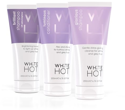 White Hot Cleanse & Condition Trio: brightening hair care regime to cleanse & add gloss to white & grey hair, purple shampoo