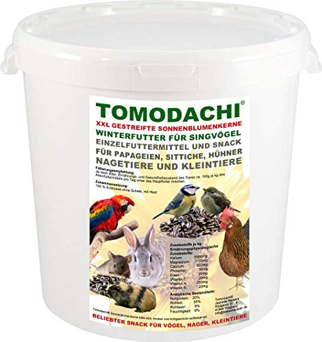 Tomodachi Hühnerfutter, Hühnerbelohnung, Sonnenblumenkerne Huhn, extragroß, Hühnersnack, Hühnerdelikatesse, Vogelfutter, Ergänzungsfutter Huhn, Sonnenblumenkerne gestreift XXL, 2kg Eimer