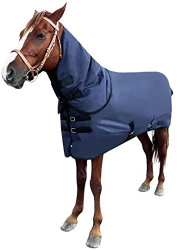 Waterproof Horse Turnout Blanket - Medium Weight Winter Blanket (220g Fill) with Detachable Neck Cover - Blue - 78 in