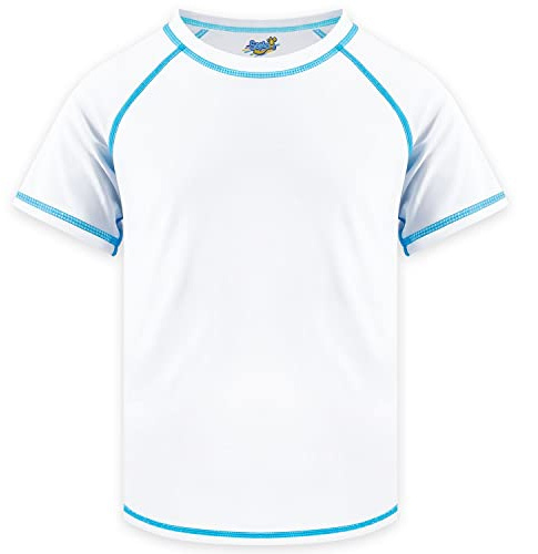 Boys Rash Guard Short Sleeve, White UPF 50+ Sun Protection Rashguard Slim Fit Swim Shirt Fishing Surf Quick Dry Cool Beach Clothes for Toddler Youth Kids Size 14-16 Years