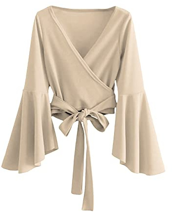 SweatyRocks Women's Long Sleeve V Neck Tie Knot Bandage Wrap Blouse Crop Top Solid Beige XL
