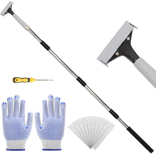 Greeily Floor Scraper, 31 to 61 Scraper Tool Long Handle with 4-inch Razor Blade Stainless Steel Material Adjustable Cleaning Glass Wall Gum Paint Tile Glue Linoleum Carpet Sturdy Durable