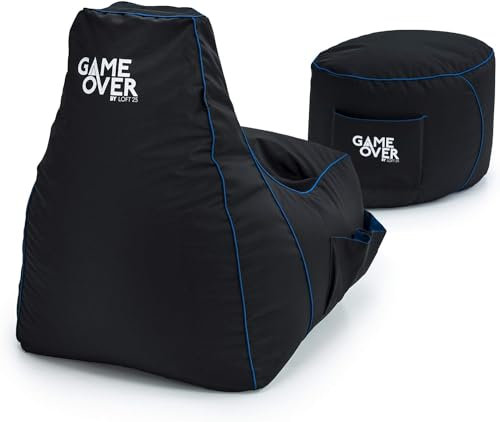 Game Over Video Gaming Sitzsack Spielen Stuhl und Fußhocker | Drinnen Draußen Wasserbeständig Bean Bag | Seitentaschen für Controller | Headset Halter | Ergonomisches Design (Cerulean Lightning)