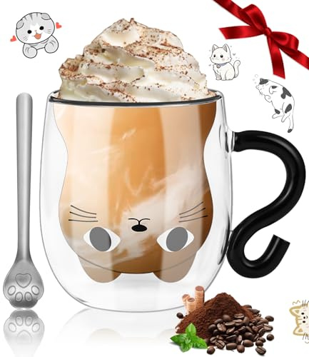 Dubbelväggiga kattkoppar, 290 ml kaffeglas teglas, med sked, söt katt med handtag, dubbelväggig kaffekopp, presenter till kvinnor, presenter till kattälskare, för cappuccino, latte macchiato