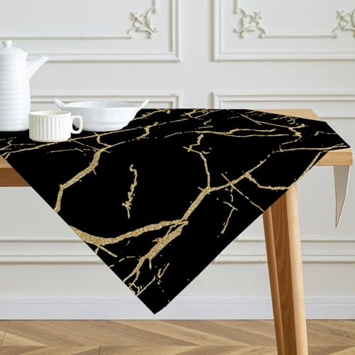 Tischdecke Schwarz und Gold Mittelläufer Moderne Tischdecken mit Marmorstruktur Abstraktes Leinen Tischdekoration für Die Küche im Innenbereich Winter Frühling Feiertags Partydekor 100 x 100 cm