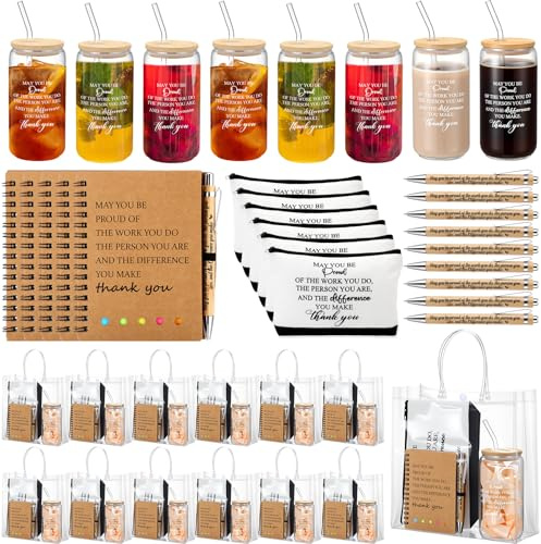 Yeyeplum 60 Pcs Teacher Appreciation Gifts Bulk May You Be Proud Notebook Gift Bag Glass Cup Makeup Bag Bamboo Pen for Office Employee Volunteer Nurses Week Staff Students Graduation