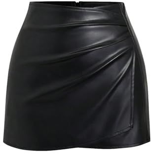 GORGLITTER Women's High Waisted Leather Skirt Wrap Ruched Bodycon Mini Skirts Black Medium