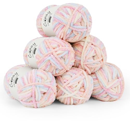 Coopay 6 x 100g Laine Chenille Crochet, Fil Épaisse et Moelleuse, Pelote Chenille Douce et Veloutée, Laine à Tricoter Idéale pour Crochet Tricot Pull, Couverture, Écharpe et Bonnet - Fleur Élegante