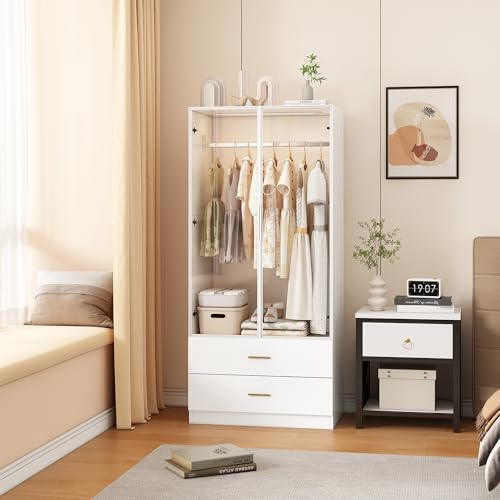 MISNODE Armario de 2 puertas con iluminación LED, color blanco con puertas de cristal y 2 cajones, cómoda con barra para colgar, armario para dormitorio, habitación infantil, 80 x 175 x 50 cm (C)