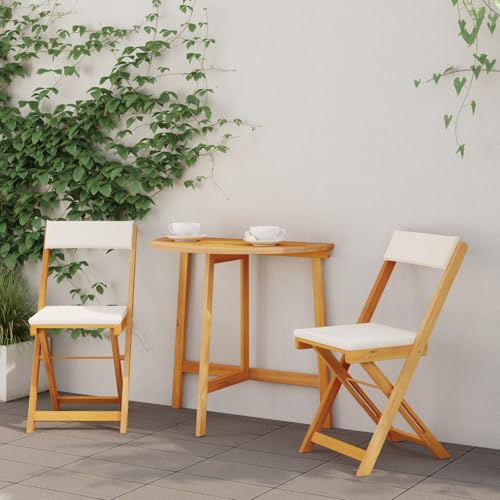 SKTQYQO Ensemble de bistro pliable de 3 pièces avec coussins en bois massif d'acacia Mobilier de terrasse Ensemble extérieur adapté pour les cours et les terrasses