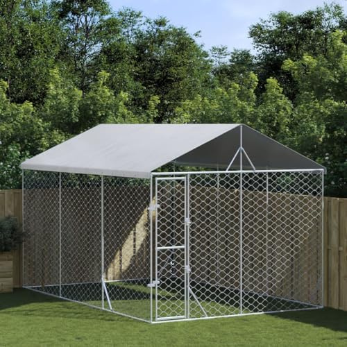 ChicAbode Outdoor-Hundezwinger mit Dach Silbern 3x4,5x2,5m Stahl Hundehaus Hundehütte Käfig Verzinkt A162