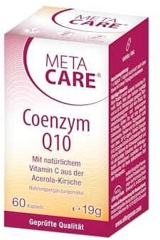 META CARE Coenzym Q10 – Ideal kombiniert mit natürlichem Vitamin C aus der Acerola-Kirsche – Optimierte Aufnahme dank Schwarzem Pfeffer-Extrakt – 60 Kapseln – VEGAN
