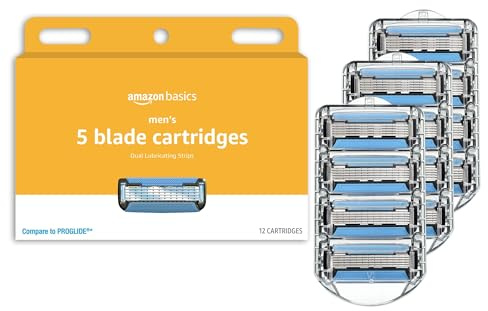 Amazon Basics 5-Blade Razor Refills for Men with Dual Lubrication, Hypoallergenic, Clean Shave, Precision Beard Trimmer, 12-Pack (Fits Amazon Basics Razor Handles only)