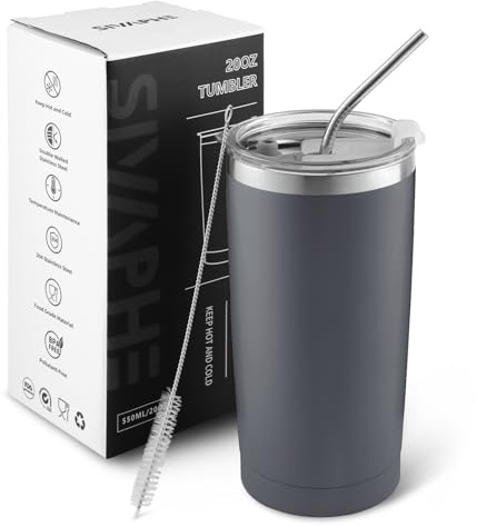 Sivaphe Tumbler Stainless Steel with Straw and Lid, Travel Mug, Reusable Coffee Cup, Men Gifts, Double Wall Insulated Vacuum 20OZ Grey