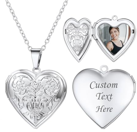 U7 Collier Porte Photo Coeur Femme Personnalisé Pendentif Motif Fleurs avec Chaîne Fine 55cm/Réglable