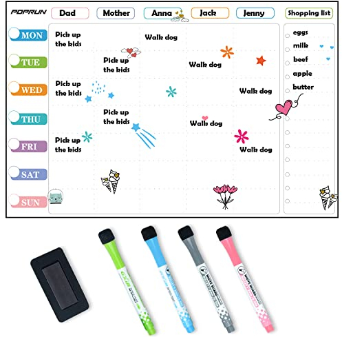 POPRUN Magnetic Weekly Family Planner Whiteboard Calendar for Fridge, A3 Meal Planner Board,Chores Chart for Family and Kids, Fridge Calendar Monday to Sunday, Dry Erase Board for Menu,Memo 43 x 28 cm