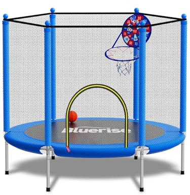 BLUERISE 55IN Toddler Trampoline for Kids Indoor Play for Kids Trampoline Basketball Hoop Attachment with Enclosure Net Easy to Assemble Recreational Trampoline Blue