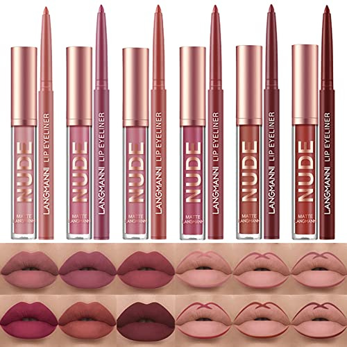 Petansy 12pcs Lip Liner and Lipstick Makeup Set 6 Colors Matte Liquid Lip Sticks + 6 Matching Smooth Lip Liner, All in One Waterproof Long Lasting Lip Gloss Make-up Gift Set for Girls and Women