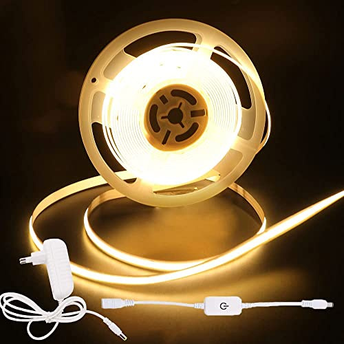 12V COB LED Bandes Blanc Chaud ,5m 320LEDs Gradateur Bande lumineuse COB 3000K TV Rétroéclairage ,Europe Bouchons ,Ruban LED Flexible pour Armoire, Chambre, Éclairage Maison DIY (4 mètre, Blanc chaud)