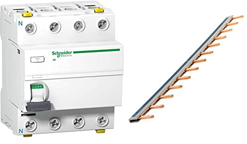 Schneider A9Z21463 Disjoncteur différentiel iID, 4P, 63A, 30mA Type A Blanc & Zenitech-Peigne 13 modules noir/blanc longueur 220mm