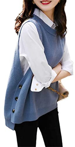 Alloaone Pull sans manches à col rond pour femme - Pull en tricot ample et élégant avec bouton latéral, bleu, M