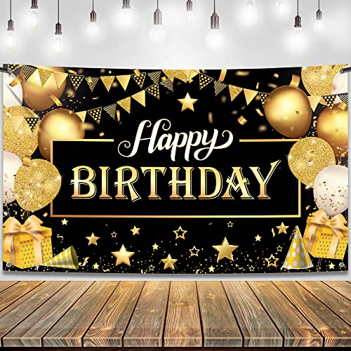 KatchOn, Schwarz Gold Happy Birthday Banner Geburtstagsdeko – XtraLarge, 180x110 CM | Schwarz Goldenes Geburtstagsbanner für Männer | Happy Birthday Girlande, Geburtstagsdeko Schwarz Gold