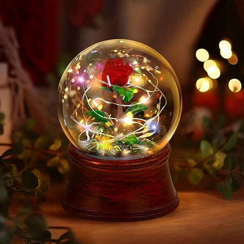 Rose Snow Globe Music Box, Preserved Red Rose Flower Musical Snow Globes, LED Light Up Rose Snowglobe Water Globe Romantic Gift for Women Girls in Mother's Day, Anniversary, Christmas