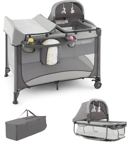 COSTWAY 5 en 1 Cuna de Viaje para Niños, Centro Infantil Portátil con Cuna, Cuna y Cambiador de Pañales para Bebés y Colchón Extraíble, Cesta de Almacenamiento, Juguetes, 2 Ruedas Bloqueables (Gris)