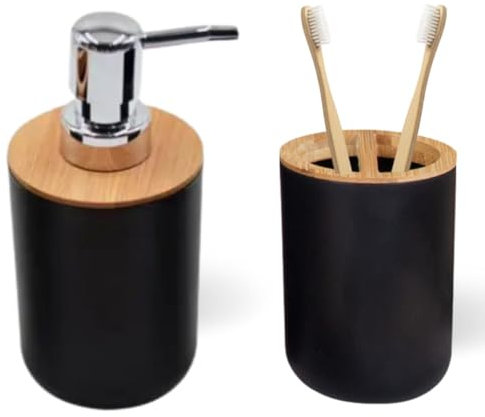 Biberty Set de Baño Negro y Bambú - Dispensador de Jabón 375ml y Porta Cepillo, Accesorios sin Taladro