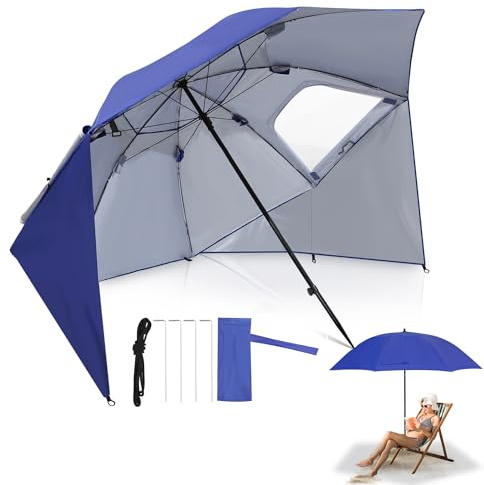 Fiqops Strandparasoll, 2 i 1, i aluminium, för strand, trädgård, UV-skydd 50, vikbar, multifunktionell, med fönster och väskor för transport, 210 x 220 cm, blå