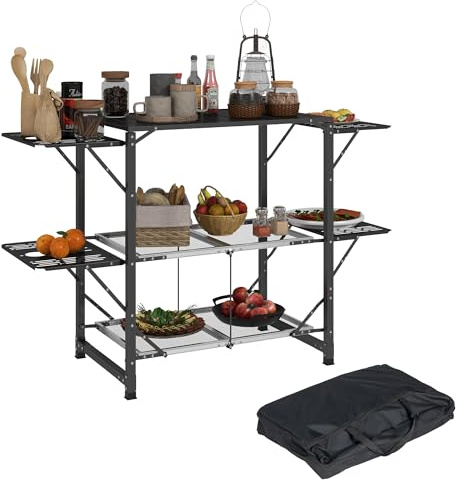 Outsunny Cuisine de Camping Table de Camping Pliante en Acier et Aluminium, avec Sac de Transport, 2 tablettes rabattables, 2 étagères et Porte-gobelets, dim. 126L x 46l x 81H cm