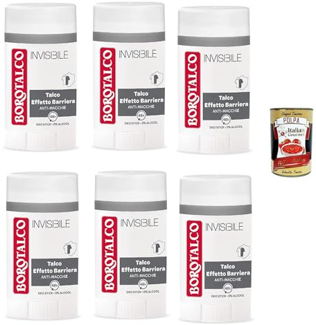 Borotalco Invisible Deo Stick Talco Effekt Barriere Anti-Flecken 48h Schutz 6 x 40 g sanfter Duft empfindliche Haut Deodorant Set + Italian Gourmet polpa
