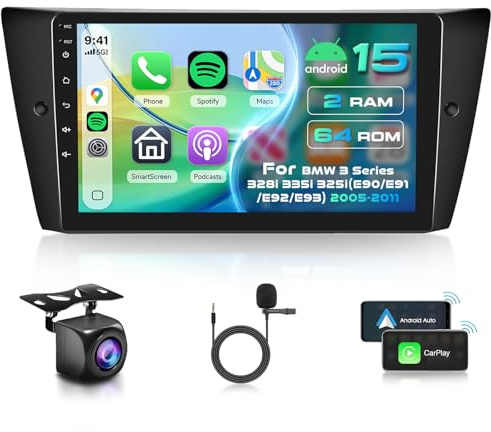 Inefala 2 + 64GB Android Bilradio för BMW 3-Serie 328i 335i 325i (E90/E91/E92/E93) 2005-2011 Stereo 9 Tums Pekskärm med trådlöst CarPlay Android Auto BT, GPS, SWC, Backkamera AHD
