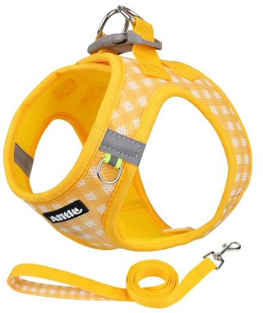 AIITLE Verstellbares Hundegeschirr und Leinen-Set, weiches Netzgewebe, reflektierendes Karomuster, Geschirre für kleine Hunde, Welpen und Hauskatzen, zum Spazierengehen und Laufen im Freien, Gelb, XS