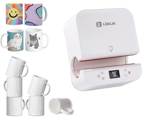 LOKLIK Impress Auto Tumbler Heat Press - Mug Heat Press Machine with 6 Pack Sublimation Mugs Set - Printmaking Kit, Vinyl Transfer Printing Machine with Auto Shut-Off - White Craft Printer