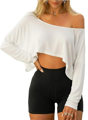 Navneet Y2K Haut asymétrique à manches longues pour femme Épaules dénudées, Blanc épaules dénudées, M