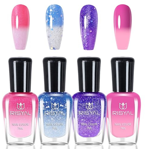 Set di smalti che cambiano colore – 4 colori controllati dalla temperatura con glitter – blu, bianco, rosa, viola – smalto per unghie per nail art, nessun UV (colorato B)