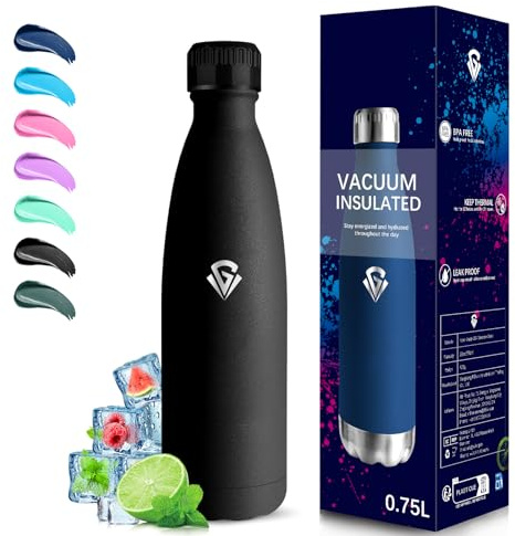 Grsta Borraccia Termica, Borraccia 750 ml, Senza BPA, Bottiglie Acciaio Inox, Senza Perdite, Borracce Termiche, Isolato Sottovuoto, Borraccie Inox per Campeggio, Corsa, Escursionismo, Fitness, Yoga