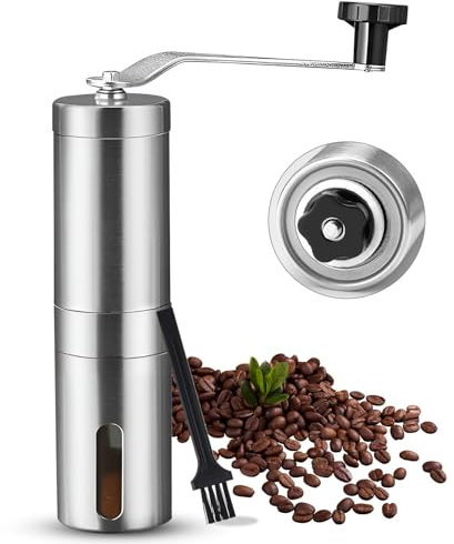 HTRTRR Macinacaffè Manuale in Acciaio Inox con Macine in Ceramica Regolabili – Grinder Portatile per Espresso, Caffè Filtro e French Press – con Spazzola e Sacchetto da Viaggio Incluso