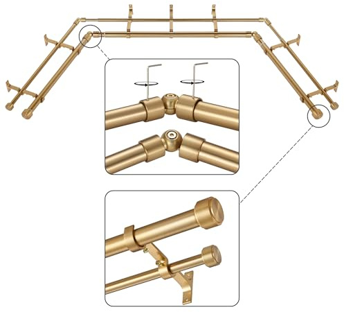 Mayrhyme Warm Gold Double Corner Window Curtain Rods with Aluminum End Cap Finials and Brackets,1 Inch Diameter Dual Bay Window Curtain Rods, Adjustable 2 Sided 32-58 and 32-86 Center Double Rod