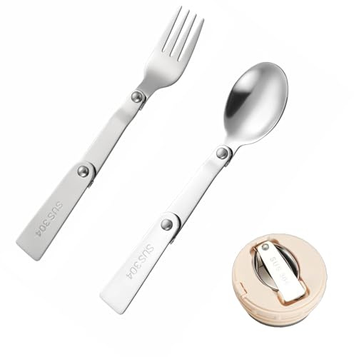 Lot de 2 cuillères et fourchettes de rechange pour thermos, cuillères pliantes et fourchettes en acier inoxydable, ustensiles de voyage, portables, pour pique-nique, camping, randonnée, voyage