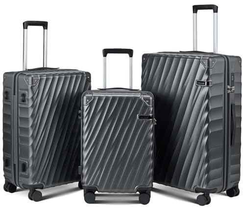 CASELLY Luggage sets 3 piece with Spinner Wheels, PC Hard Shell Travel Luggage, Carry On suitcase with TSA Lock,YKK Zippers,Charcoal Metallic (Gray, 3 Piece Sets(20/24/28))