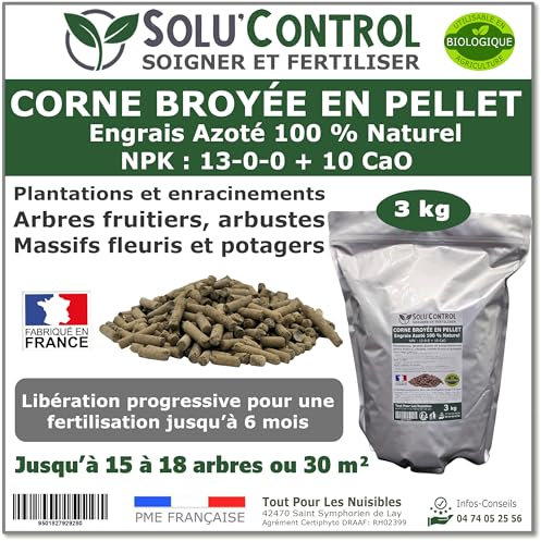 3 kg de Corne Broyée en Pellet SoluControl - Formulation haute qualité Organo-Minerale - Engrais Azoté 100% Naturel- Utilisable en Agricultre Biologique