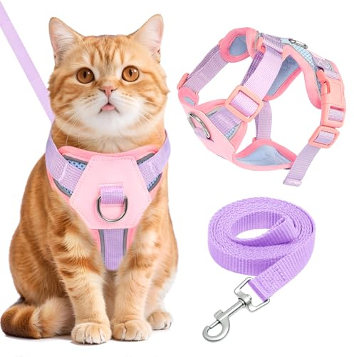 2Pcs Cat Harness and Lead Set, Escape Proof Adjustable Kitten Harness with Reflective Vest and Leash, Soft Mesh Cat Vest Harness for Small Medium Cats, Comfortable Walking Cat Leash