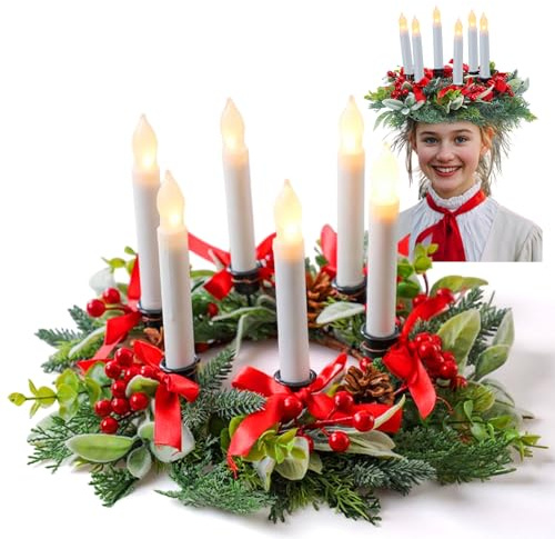 Hoteam Artificial Christmas St. Lucia Crown Saint Grapevine Christmas Wreath with 6 LED Candle Frosted Berries, Leaves and Pineal Sweden Sankta Lucia Krone Queen for Xmas Costume