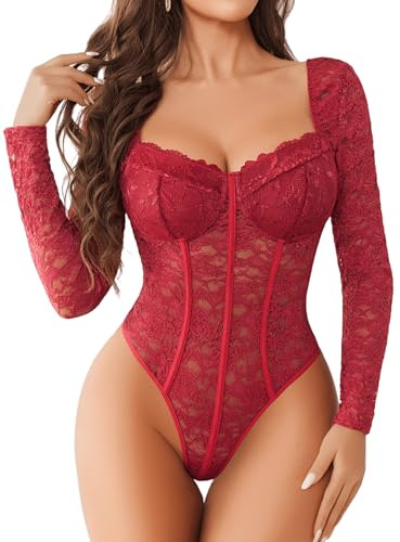 Avidlove Women's Bodysuits Lace Body Suit One Piece Body Suits for Womens Shapewear Bodysuit Date Outfits Wine Red M